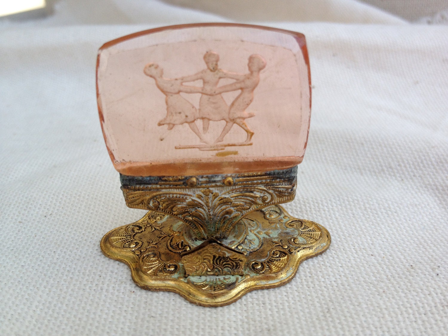 Old French Etched cameo glass calling card holder with dancing ladies