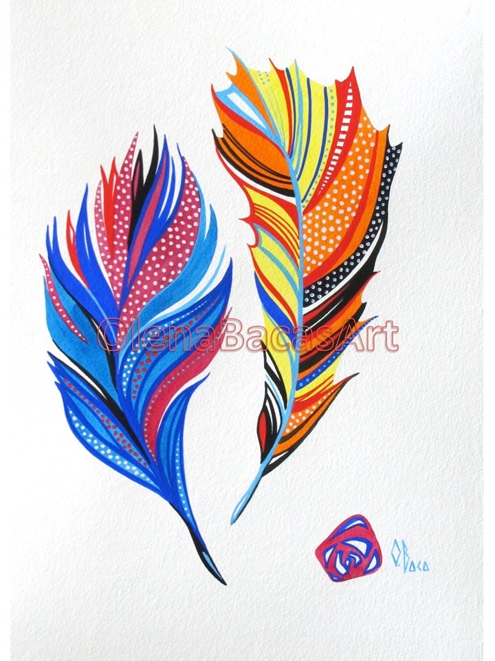 Feather ORIGINAL Watercolor Gouache Painting Feather Art Illustration Mixed Media Sale