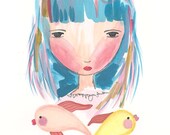 Whimsical Girl Postcard Print - Blue Hair Girl With Jumping Fish
