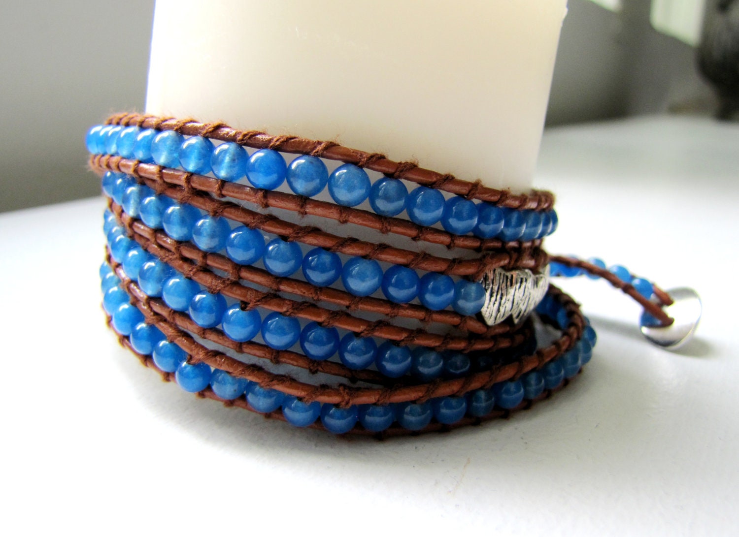 BRACELET : Very Artistic Blue Agate Beads / Hearts Brown Leather  5 Times Wrap 32"  Silver Button Clasp