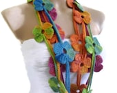 Flower Lariat Scarf, multicolor scarf with crochet flower patterns , hand-made,fashion,gift, unique
