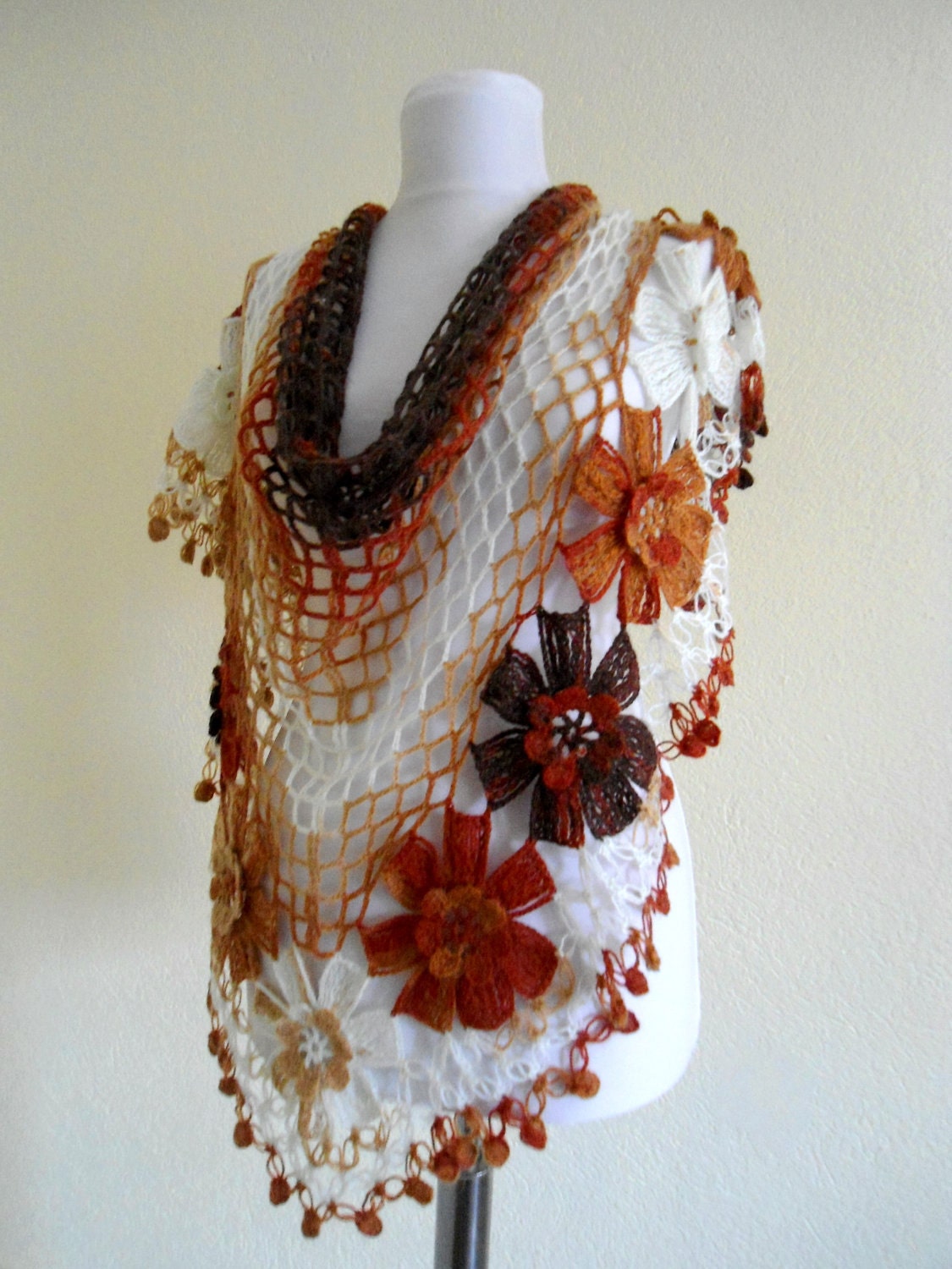 scarf, gift, valentine, valentines day, winter trends, fashion, 2012,Saffron Russet Ivory tawny,  flower shawl