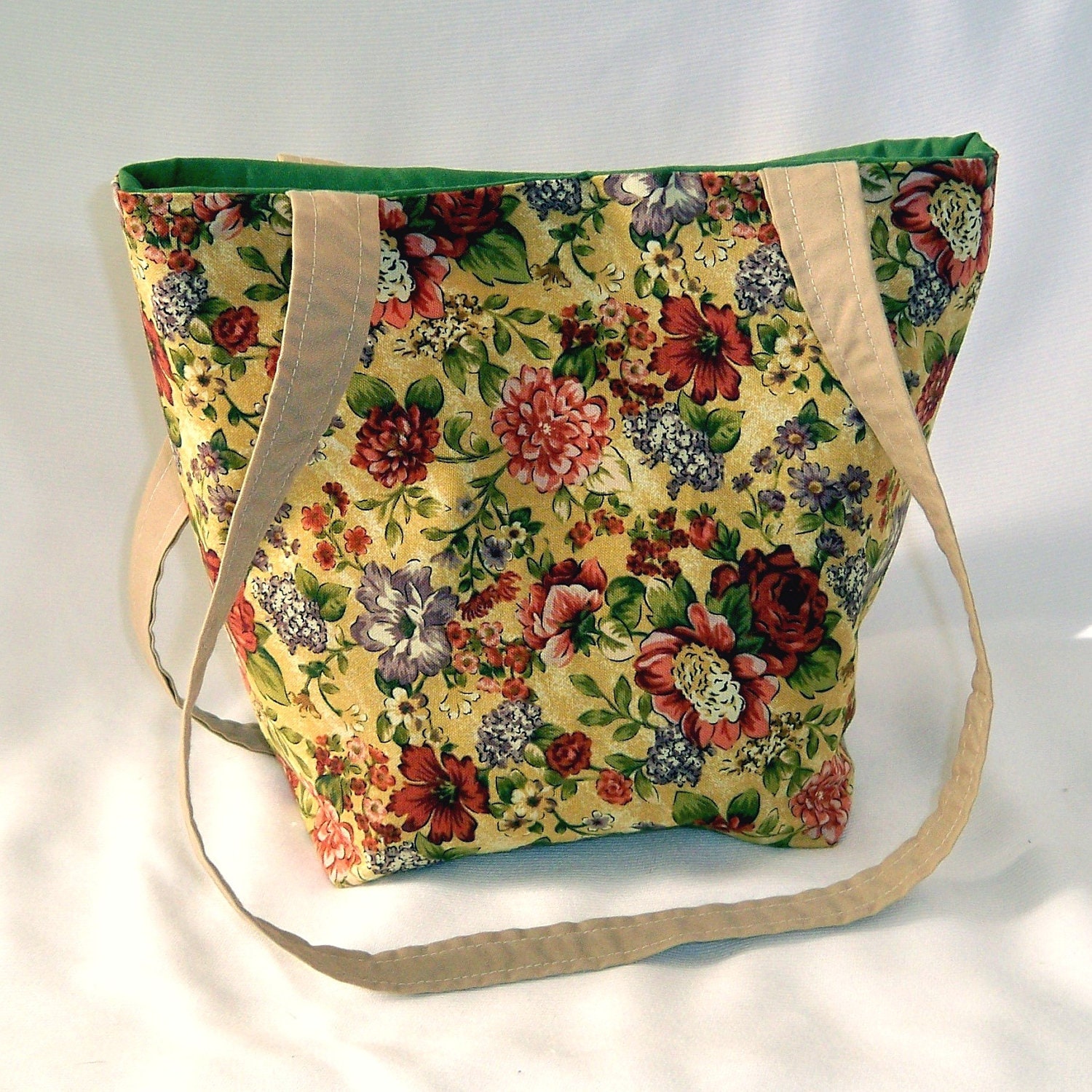Beige Floral Tote Bag Purse Fabric Bag Shabby Cottage Style Teen Purse Shoulder Bag Fabric Handbag Roses Lilacs