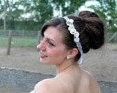 SALE Sculpted white rosettes flower, handstitched on lace, offwhite clay bridal headband