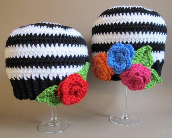 CROCHET PATTERN - Sweet & Simple - A striped beanie (or slouchy) hat with roses in 5 sizes (Baby - Adult)