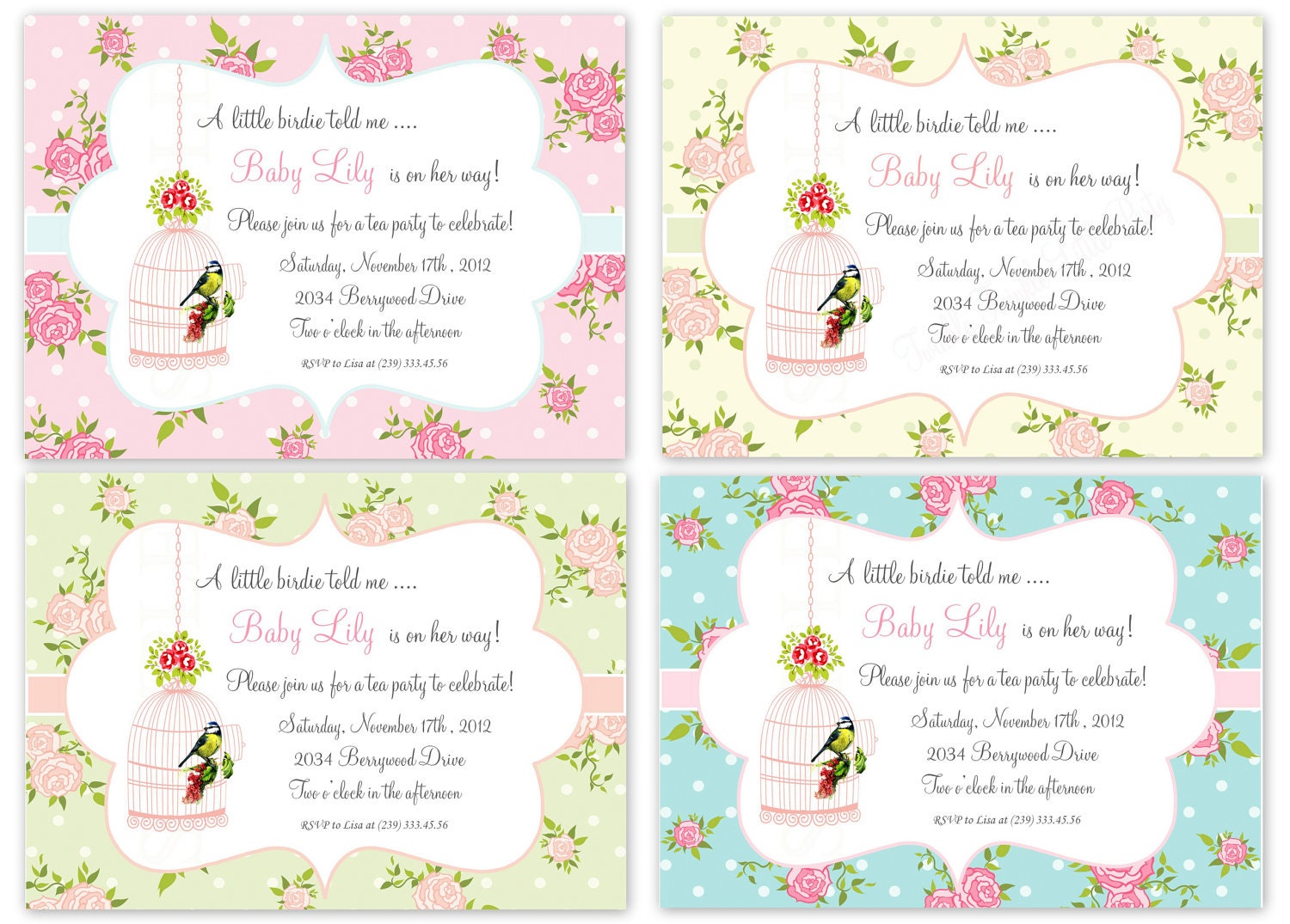 Shabby Chic Floral Vintage Little Bird Baby Shower or Birthday Party Invitation