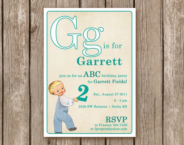 Vintage ABC Flashcard Invitation - boy - perfect for a birthday party for any little girl or boy - customized to any color (DEPOSIT)