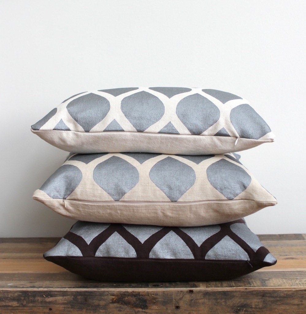 Throw Pillow cover - Aya metallic silver hand printed on natural ecru organic hemp 20x20