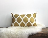 Aya metallic gold handprinted on white organic cotton- hemp lumbar pillow cover 12x21
