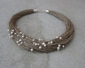 Delicate pearls linen necklace / eco style jewelry / wedding necklace
