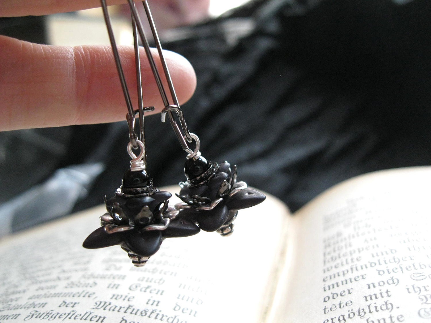 Black Lotus. Gothic Lotus Flower Earrings with Onyx in Victorian Silver and Gunmetal. Wee Fey Padma.