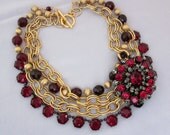 BOLD Red Rhinestone Statement Necklace, Repurposed Vintage Bib Necklace, Gold Chain, Red Crystals, OOAK Assemblage Jewelry - JryenDesigns