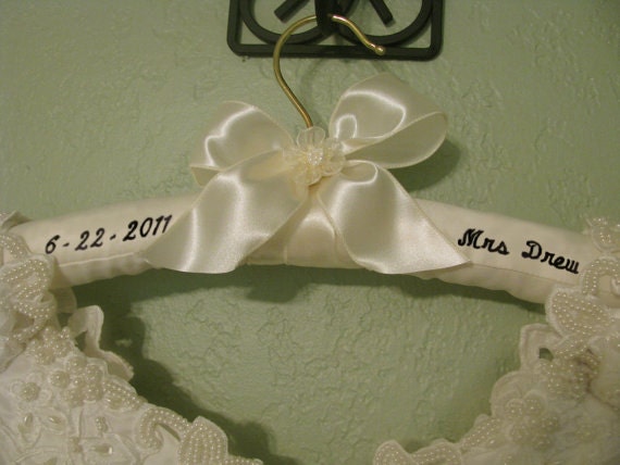 Embroidered Wedding Hanger in Ivory Cream Satin with Ivory Satin bow