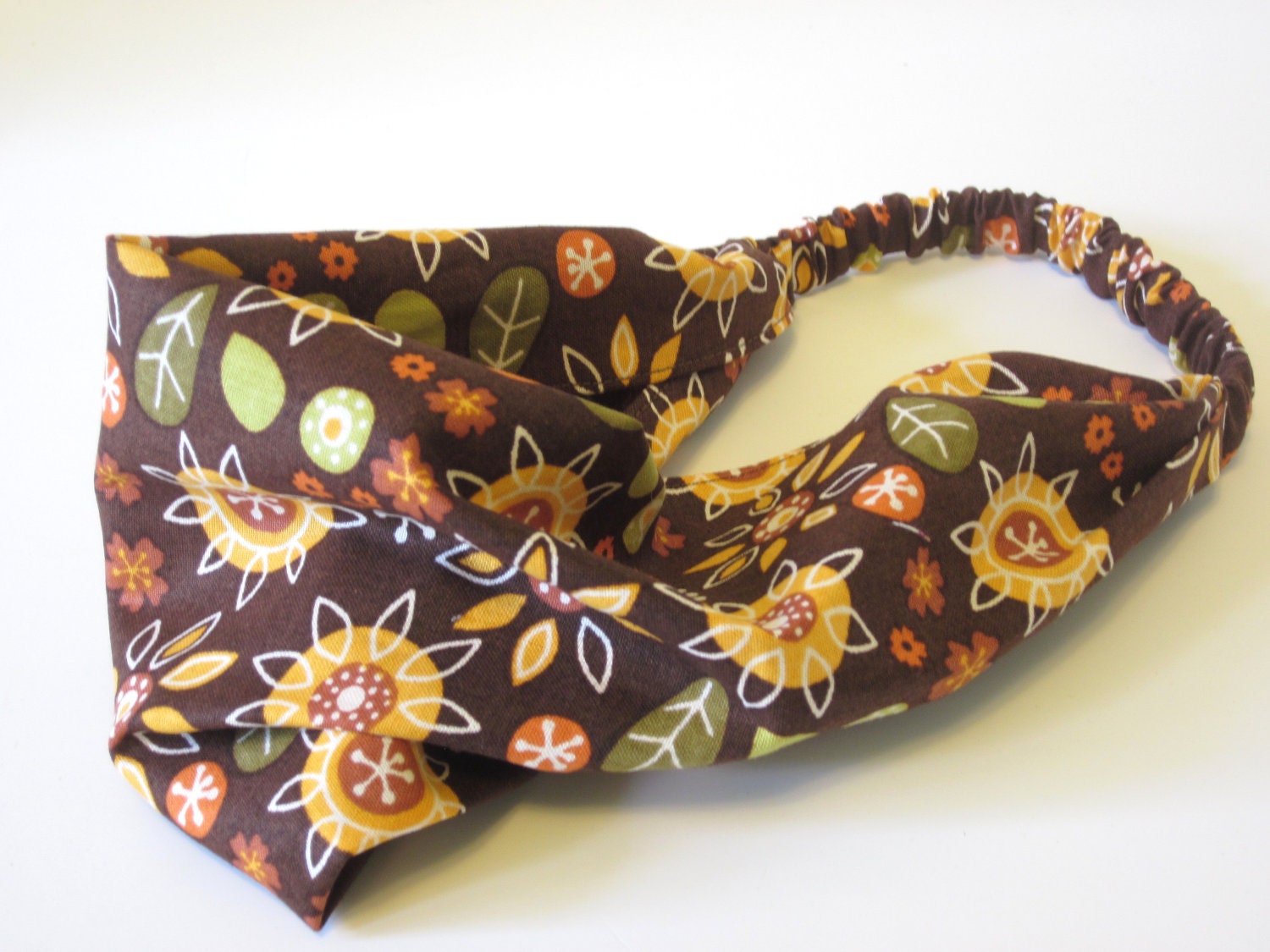 Retro Headband Head Scarf Brown Gold Rust Mod Flowers Autumn Fall Fashion Hippie Boho Handmade