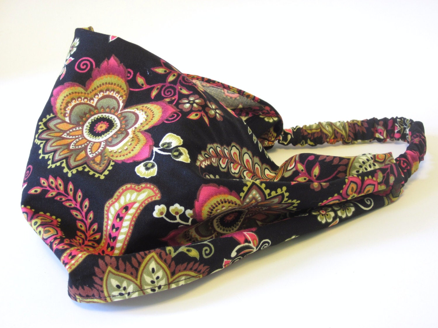 Cotton Headband Head Scarf Bright Color Flowers on Black Hippie Boho Fashion Handmade