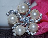 Crystal Pearl brooch - 1.75 silver metal rhinestone pearl clip pin wedding cake bridal bouquet decoration component - vintage Annabel  SB139