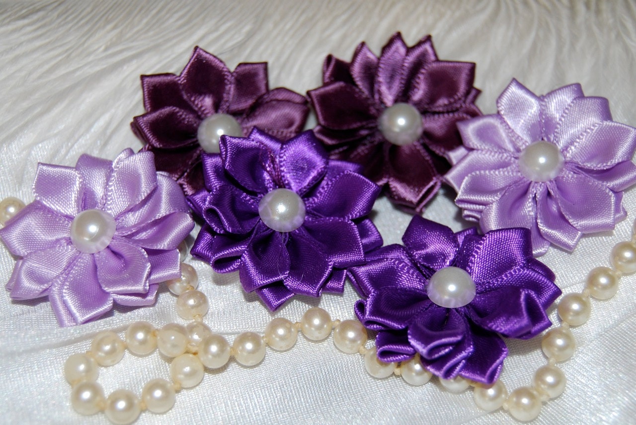 NEW Fabric Flowers - Sweetheart Collection 105s - Small 1.5"  / 4 cm   Satin layered ribbon flowers with pearl centers  flat back  - 6 count