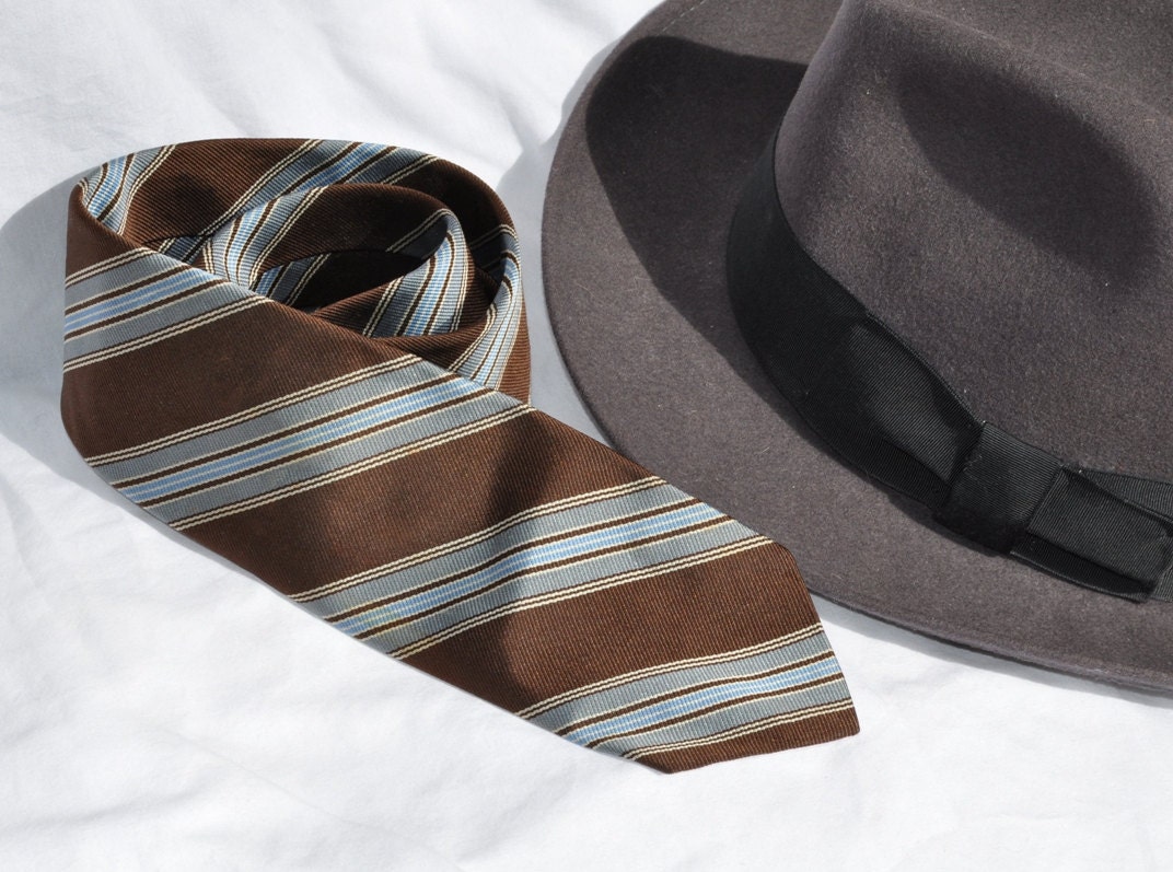 Mens Necktie Chocolate Brown, Blue & Gray Diagonal Repp Stripes Vintage Under 20 Dollars Gift Homespunsociety Teamup
