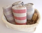 Gift Set of 4 Turkish towel peshtemal Bath and Beauty yoga beach Bathroom body wash Red, Light Brown, Navy and Beige Striped
