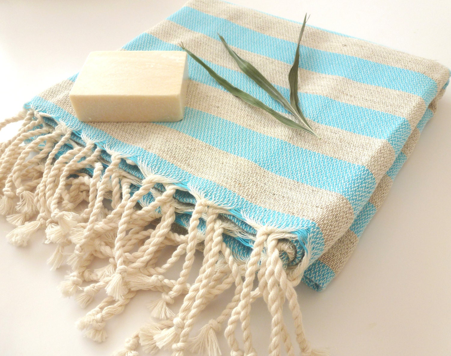 BATH Turkish Towel, Natural Soft Cotton Peshtemal, Hammam, Bath and Beauty, spa, yoga, Beige with Aqua