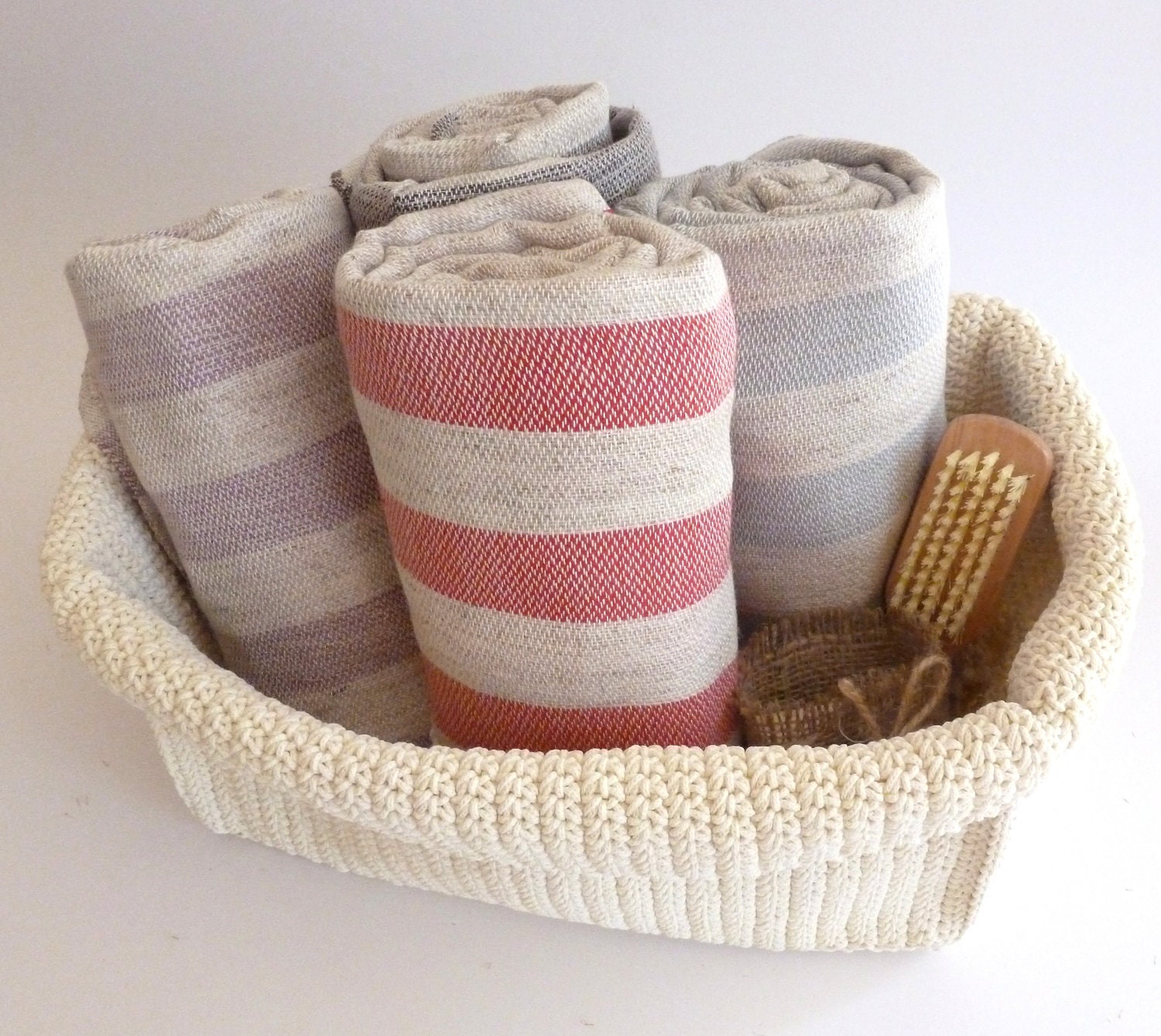 Free Shipment, 4 Natural Turkish Towel, Peshtemal, handmade, hammam, spa, yoga, Red, Lilac, Orange and Navy Striped