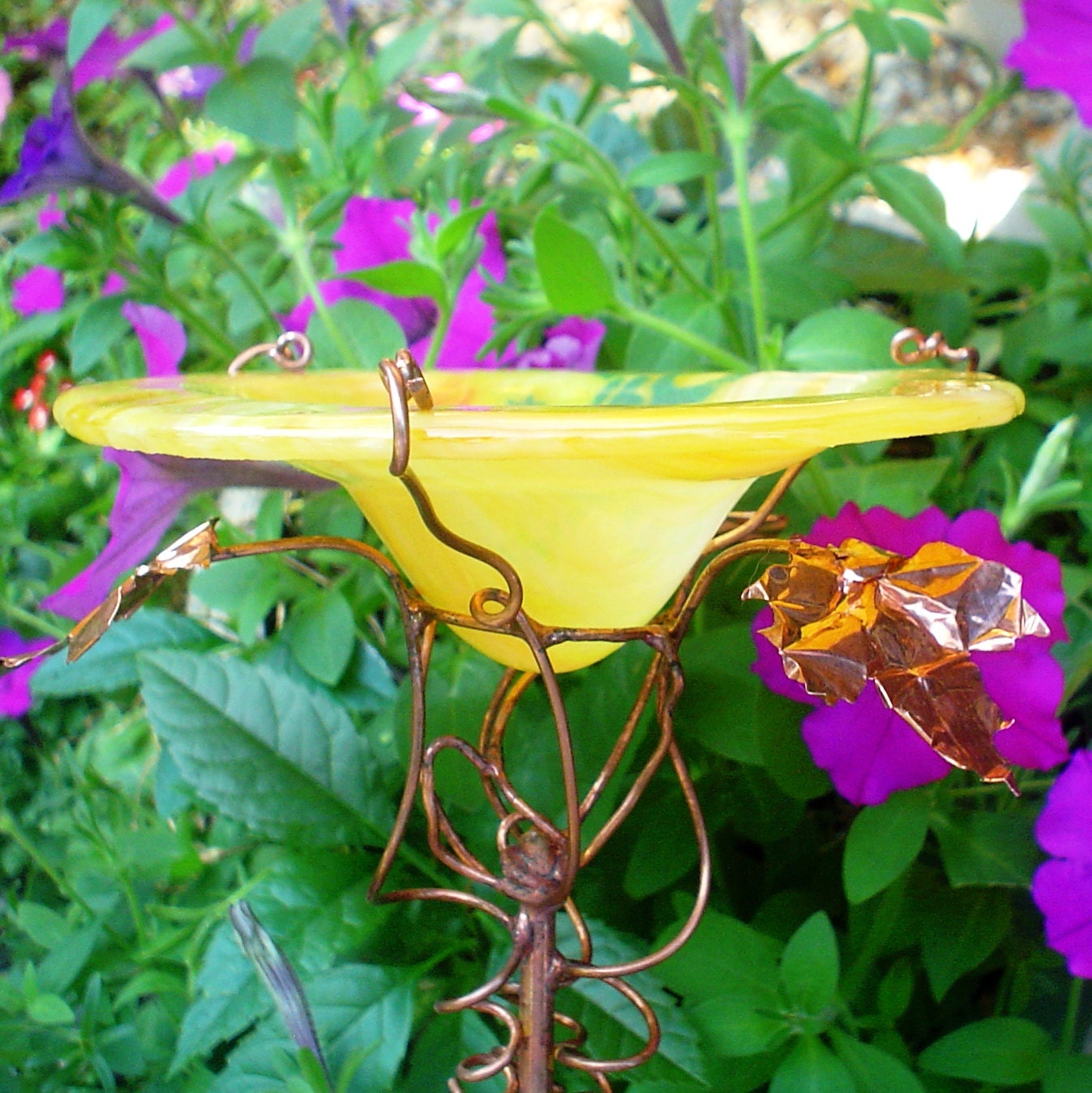 FROG Bird and Butterfly FEEDER, stained glass, copper garden art, Yellow, garden stake, garden art