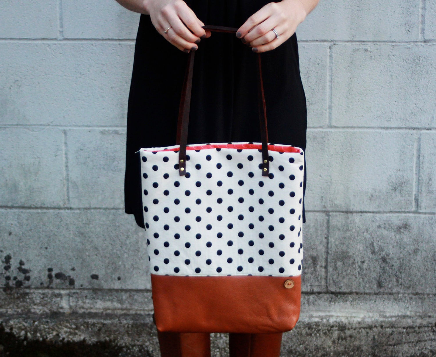 polka dot and caramel leather tote bag // white and black polka dot tote // leather tote by rouge and whimsy
