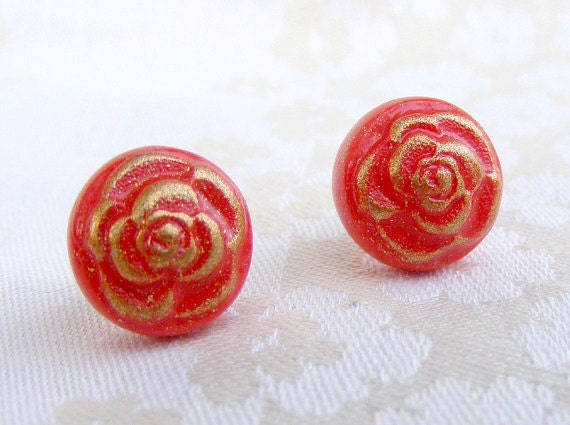 Floral affordable earring posts, stud earrings, red rose earrings, polymer clay stud, gift for mom, baroque rose, button earrings, eco boho