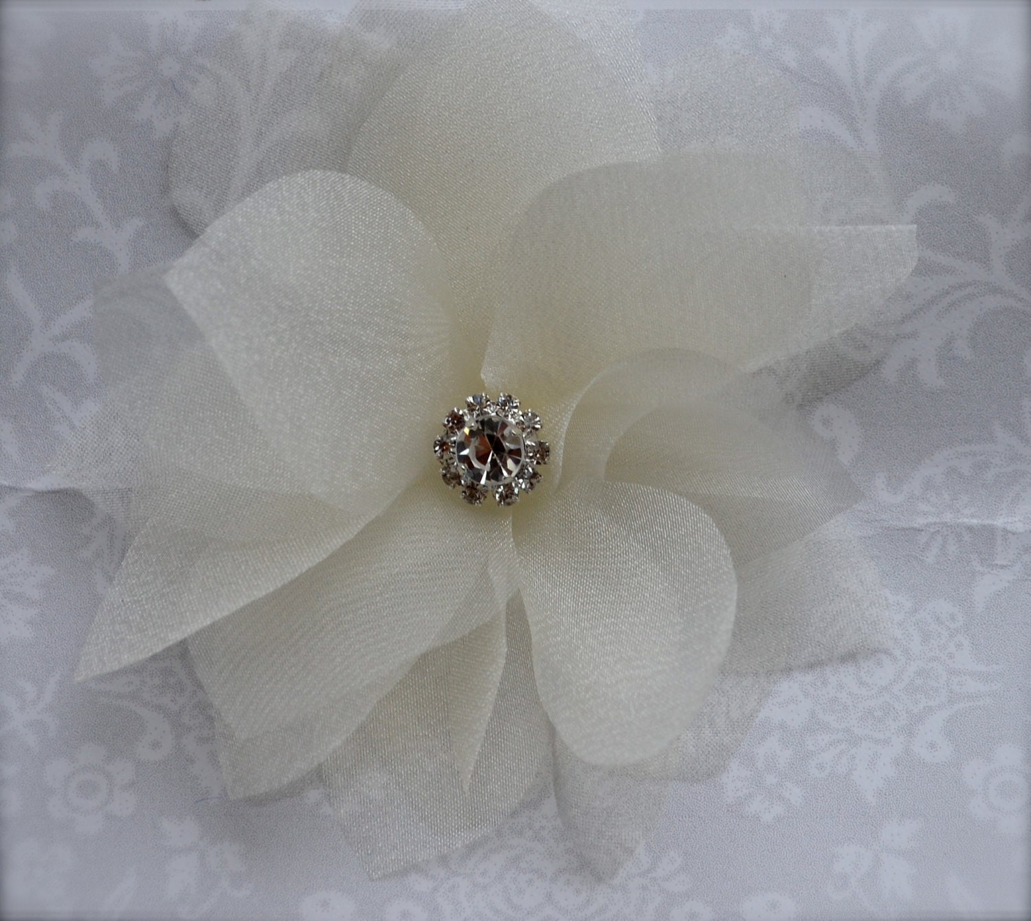 Ivory Organza Flower Hair Clip with gorgeous rhinestone fascinator  - Hair Clip- Brooch- Headband
