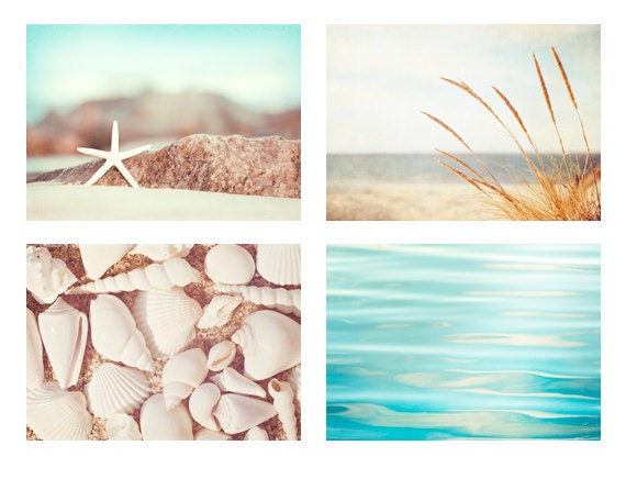 Beach Photography Set - Four 5x7 Photographs - beach print set seashore - aqua blue cream white beige - sea shore photo set - wall art