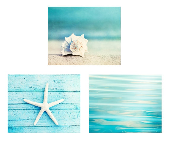Beach Print Set - Set of 3 Photographs, aqua photo set ocean sea seashell starfish photography white seashore coastal wall art 11x14, 8x10