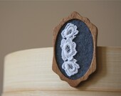 A Trio of Vintage White Lace Flowers on Slate Grey Felt Brooch, Lace and Mahogany Series