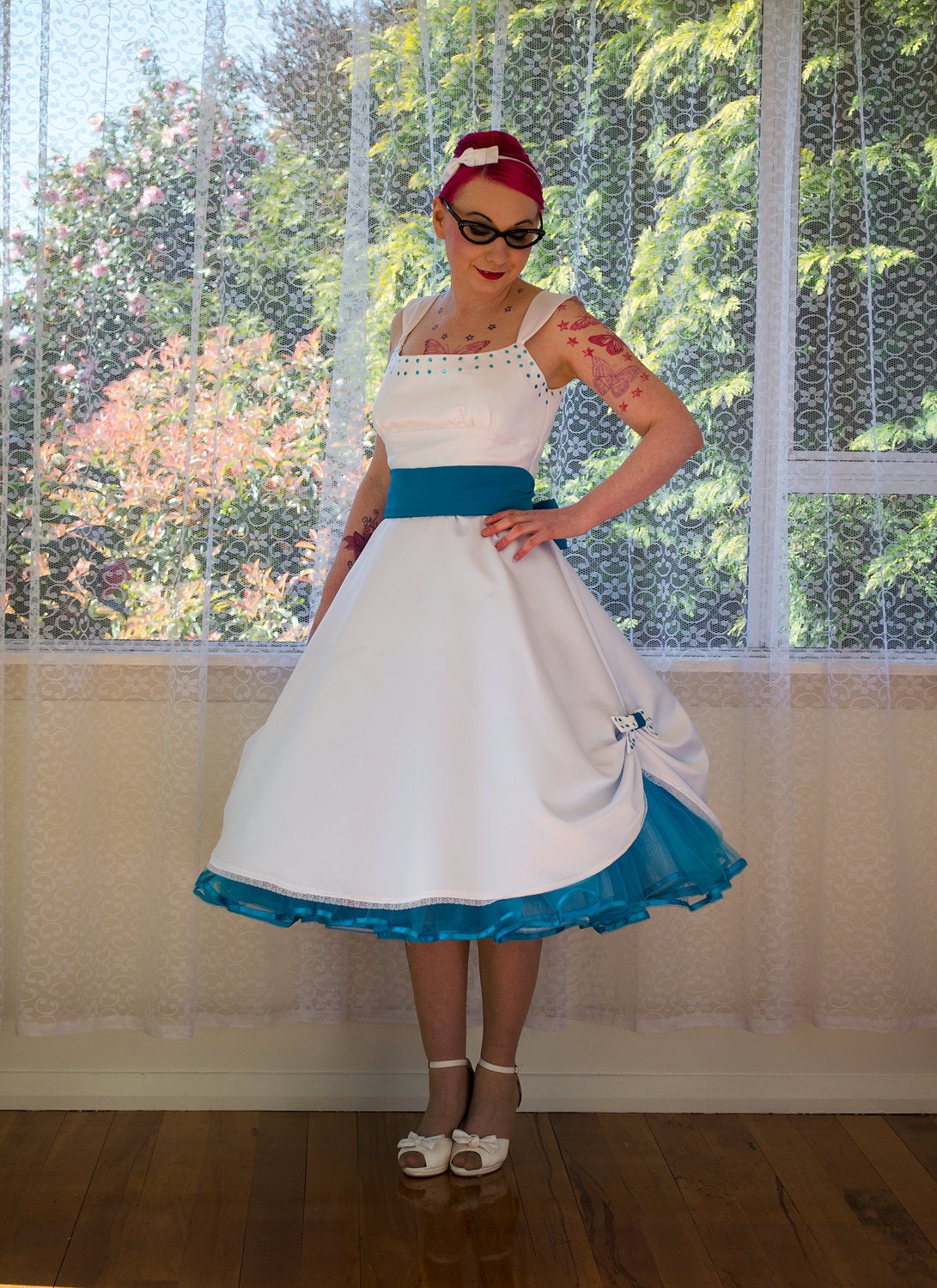 1950s Pin up Wedding Dress "Mindy" Tea Length Style Peacock Blue Bow, Petticoat & Sash - Any colour - Custom made to fit