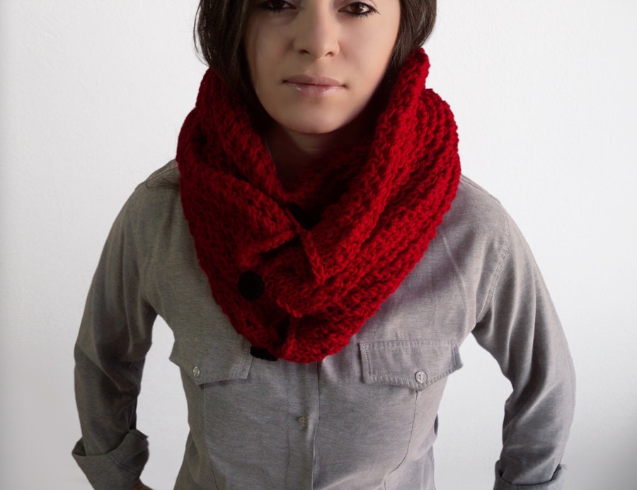 Red Knitting Cowl - Red Hand Knit Neckwarmer  Scarf,  ready to ship