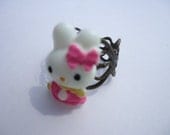 STORE CLOSING SAIL Kawaii Bunny Rabbit Pink and White Bronze Adjustable Ring
