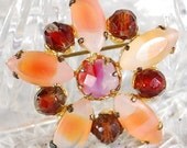 Vintage Flower Brooch / Pin, Frosted White Peach Givre Glass Navette Rhinestones, Red Crystals, 1950s 1960s Mad Men, Floral Nature Jewelry