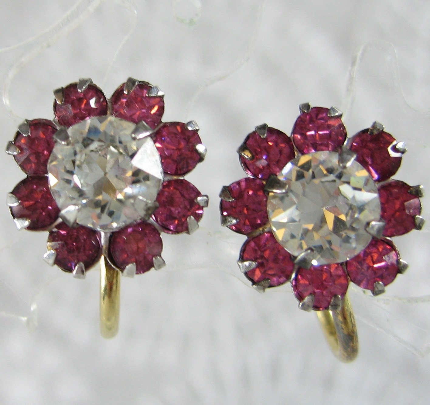 Vintage Flower Earrings, Pink Rhinestones / Glass Crystals, Designer CARL ART, Gold Filled, 1940s Hollywood Regency, Wedding Bridal Jewelry