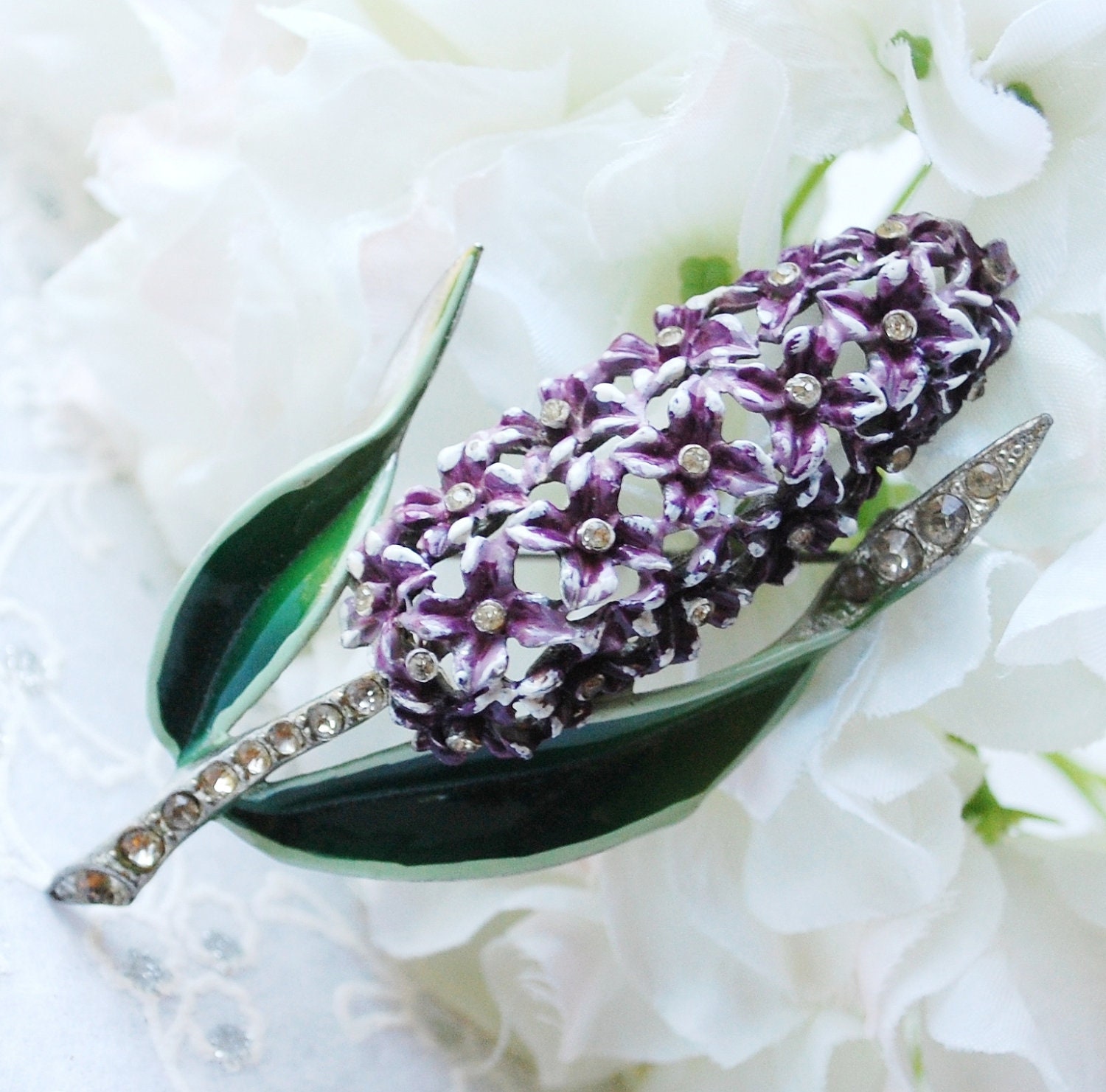 Vintage BIG Flower Spray Brooch / Pin, Purple Enamel Hyacinth, Pave Rhinestone, Silver Tone Pot Metal, Designer CORO, 1940s WWII Jewelry