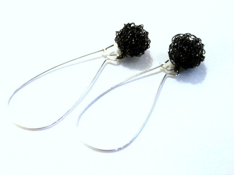 Black Ball Earrings, Knitted Wire Ball Earrings, Dramatic Black Earrings