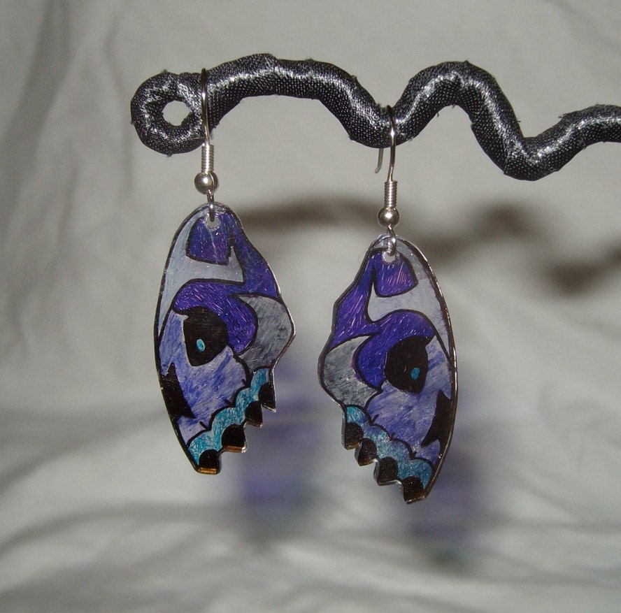skull face butterfly wing earrings handmade cruelty free purple blue black Halloween spooky goth original artwork