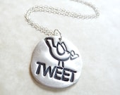 Bird with heart Tweet twitter silver pendant, made from recycled silver