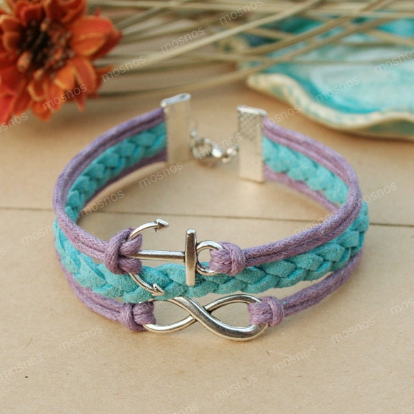 Anchor bracelet- blue and purple infinity bracelet with anchor for friends, gift for girlfriend