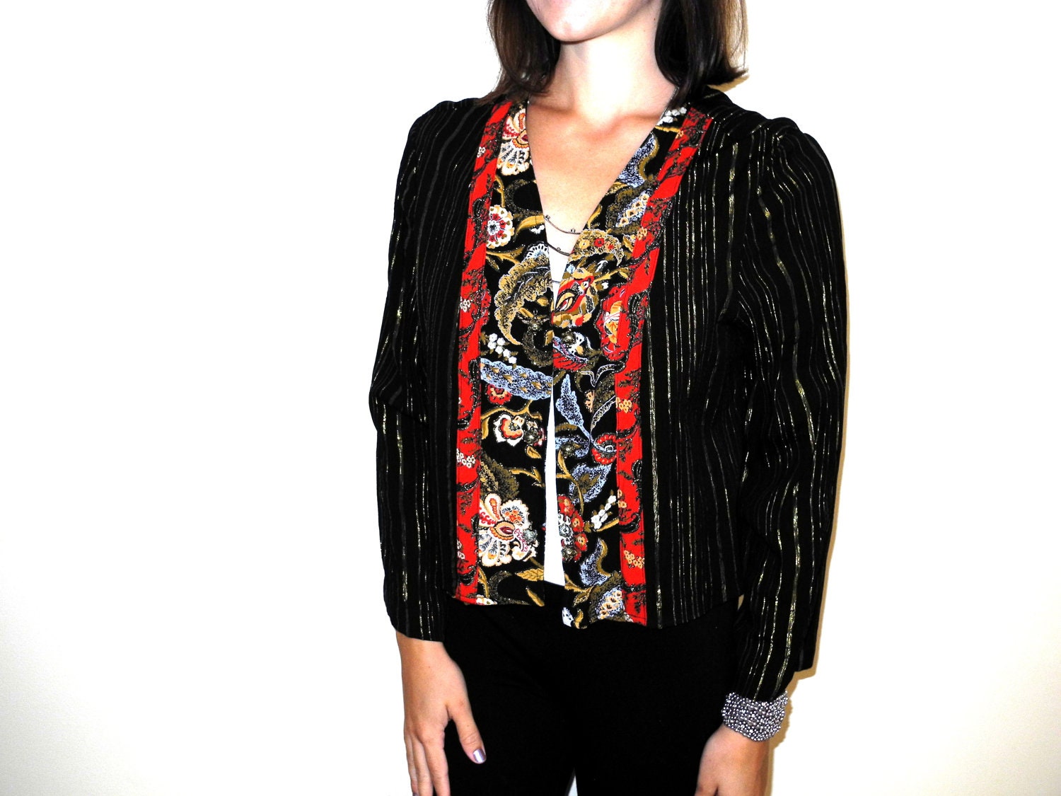 Vintage 80s Multicolor Stripe Floral Metallic Asian-Inspired Jacket Medium Large M L