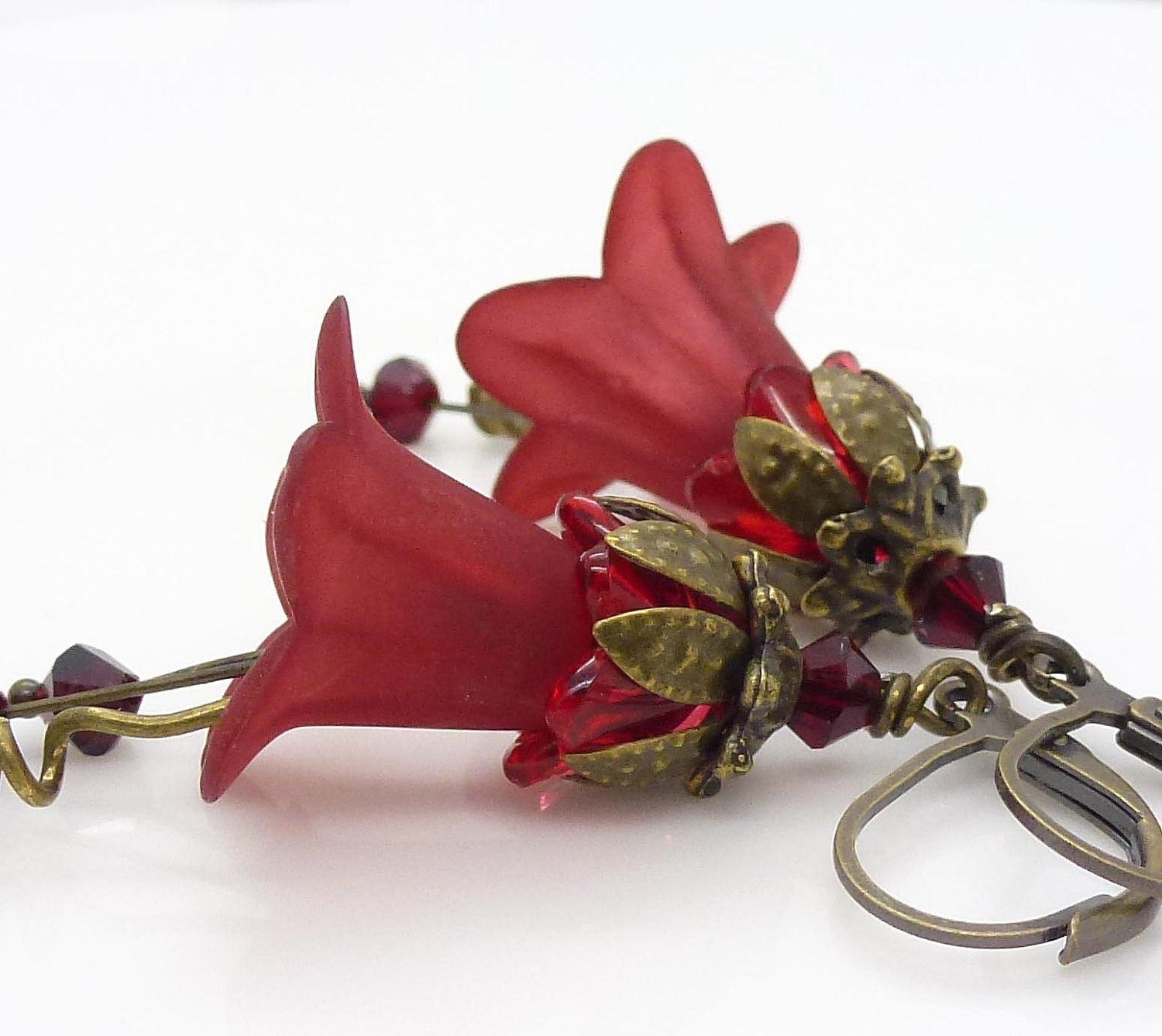 Beaded jewelry Red lucite flower earrings Dangle earrings Lucite flower jewelry Dark red earrings