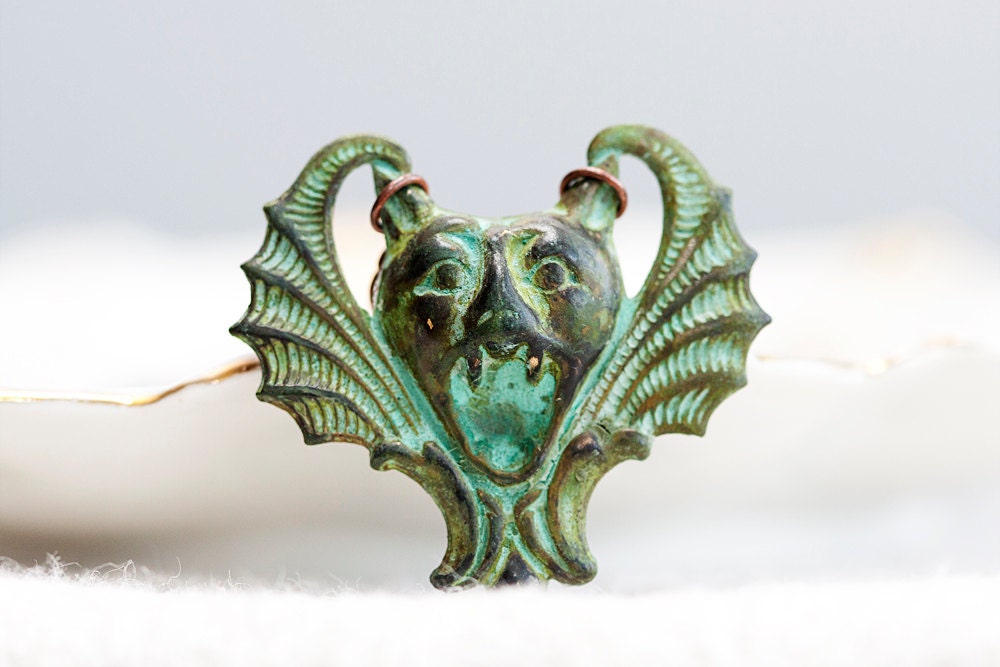 Scary Bat Necklace Patina Batman Necklace Halloween Spooky Bat Pendant Verdigris Bat Jewelry - N246