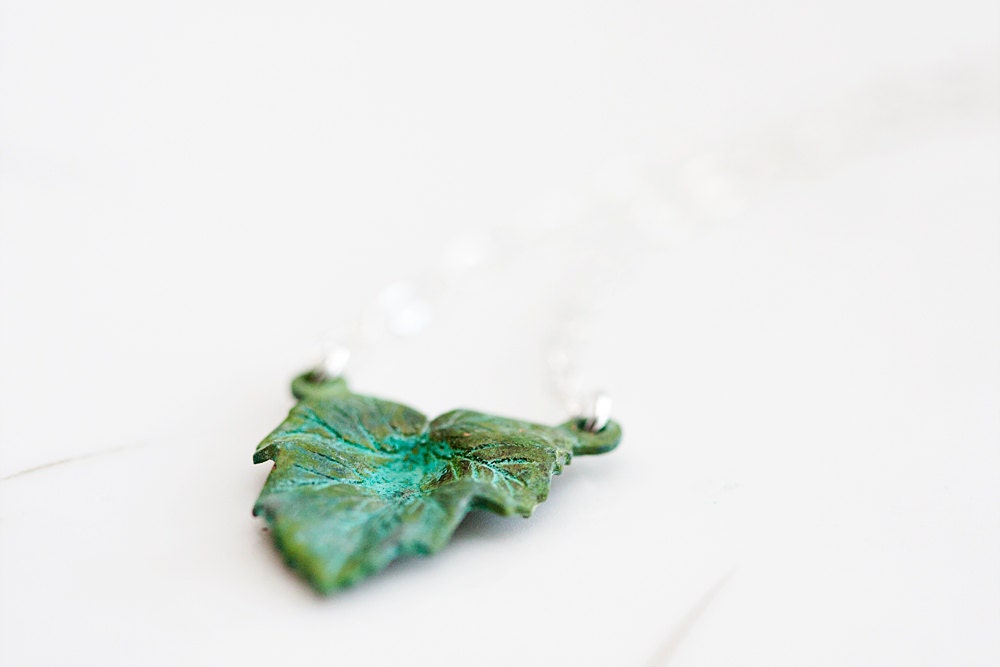 Patina Leaf Necklace Sterling Silver Chain Verdigris Green Leaf Charm Shabby Chic Rustic Leaf Jewelry - N252