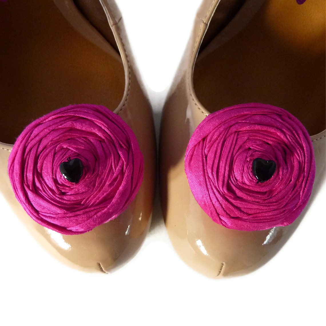 Shoe clips hot pink silk rosettes black heart, shoe accessories