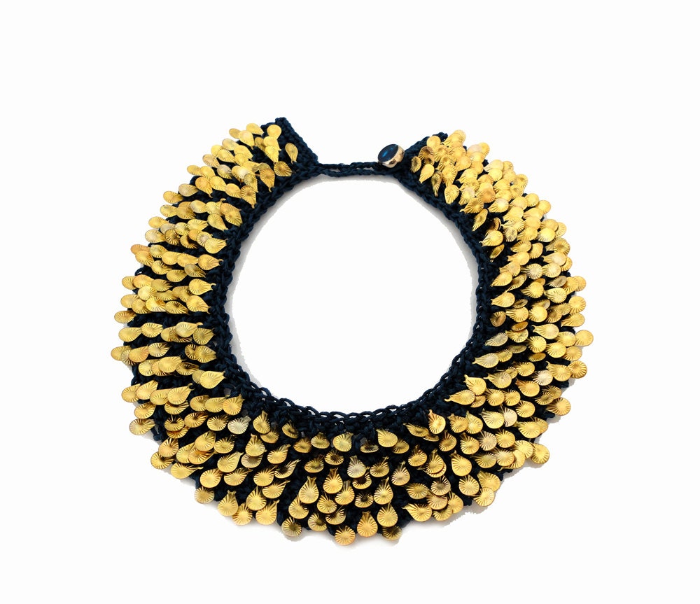 Navy Blue Gold Charms Fashion Knitted Collar Necklace