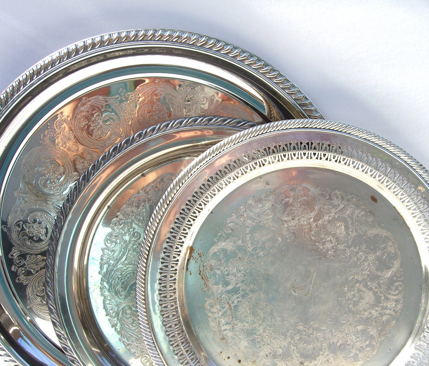 Silver Trays : Vintage Silver Plate Set of 3 Shabby Chic Trays