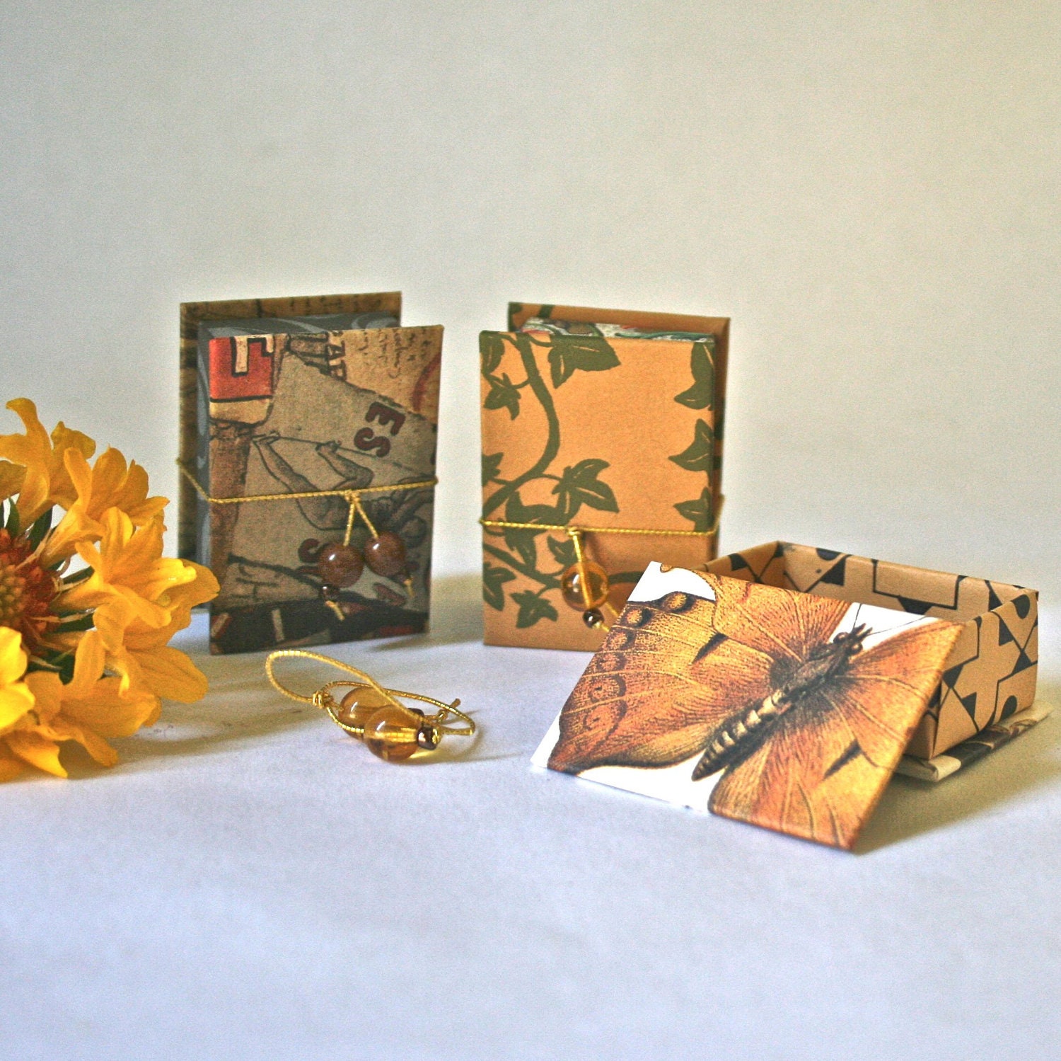 Tiny Handmade Gift Boxes in Green and Gold for Favors Jewelry Stocking Stuffers - Bit Box Trio
